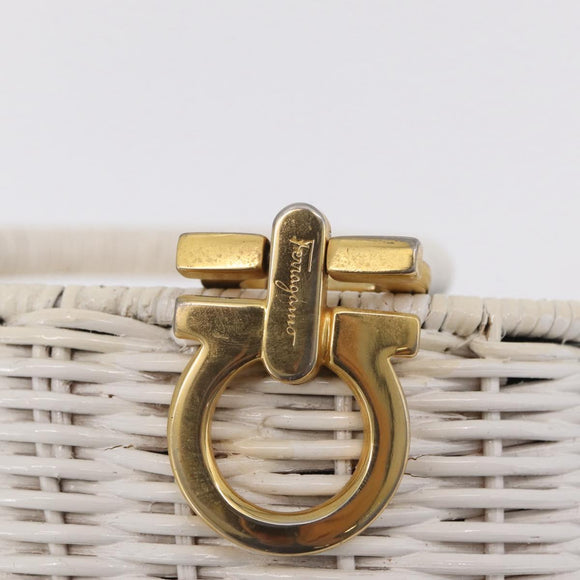 Salvatore Ferragamo Ganchei Hand Bag Rattan White Gold Auth 167833A