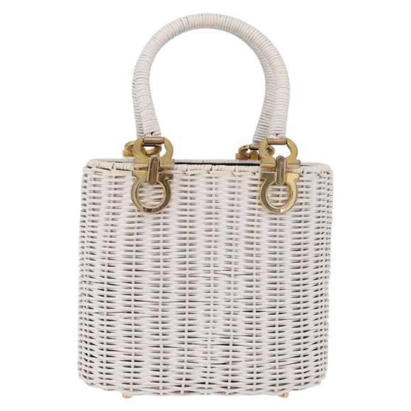 Salvatore Ferragamo Ganchei Hand Bag Rattan White Gold Auth 167833A