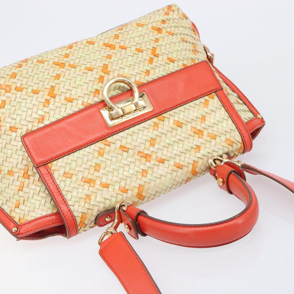 Salvatore Ferragamo Hand Bag Leather 2way Orange Gold Auth 167837A