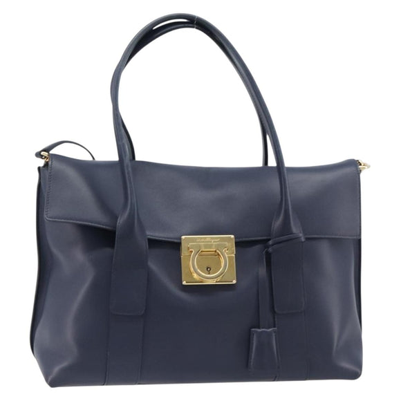 Salvatore Ferragamo Hand Bag Leather 2way Navy Gold Auth 167838A