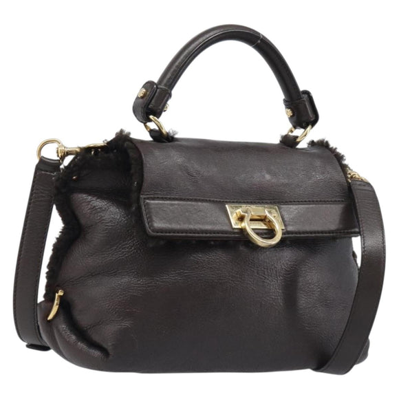 Salvatore Ferragamo Hand Bag Leather 2way Brown Gold Auth 167842A