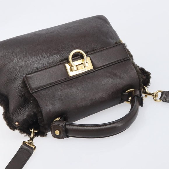 Salvatore Ferragamo Hand Bag Leather 2way Brown Gold Auth 167842A