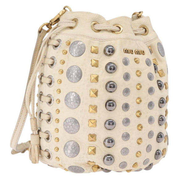 Miu Miu Shoulder Bag Leather Beige Gold Silver Auth 167862A