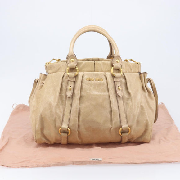 Miu Miu Hand Bag Leather 2way Beige Gold Auth 167886M