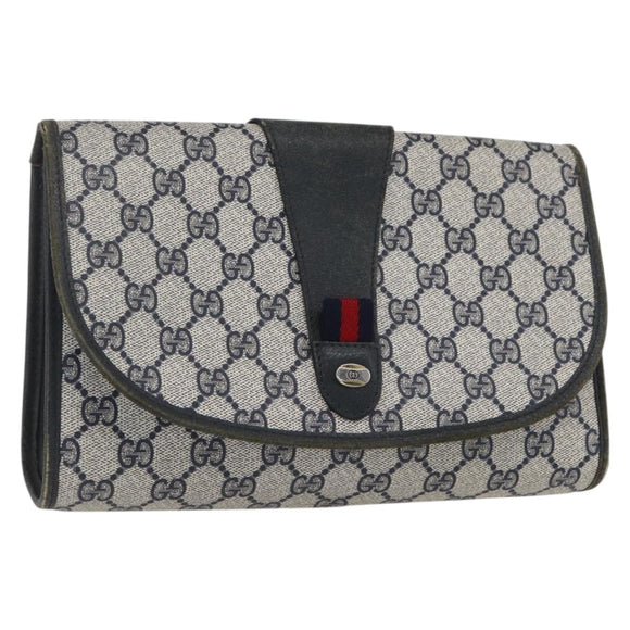 GUCCI GG Supreme Sherry Line Clutch Bag PVC Navy Gold 89 01 030 Auth 167905