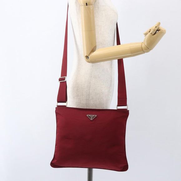 PRADA Shoulder Bag Nylon Red Silver Auth 167920