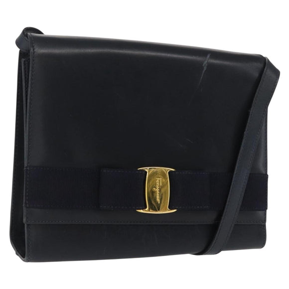 Salvatore Ferragamo Vala Shoulder Bag Leather Navy Gold Auth 167921