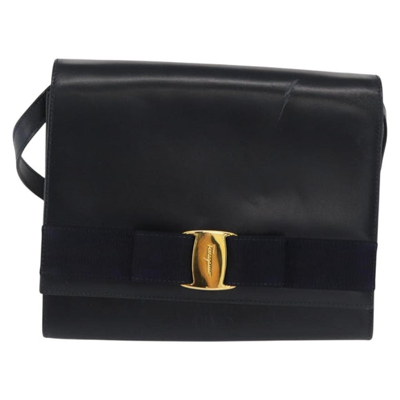 Salvatore Ferragamo Vala Shoulder Bag Leather Navy Gold Auth 167921