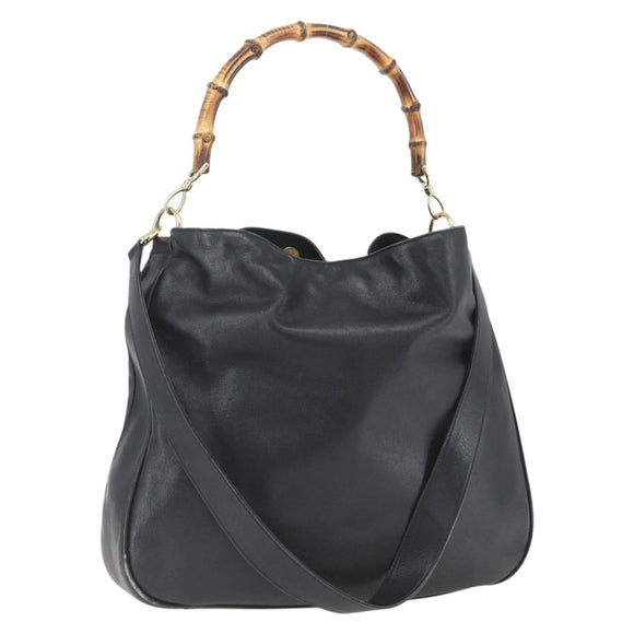 GUCCI Bamboo Shoulder Bag Leather 2way Black Gold 001 1577 Auth 167922