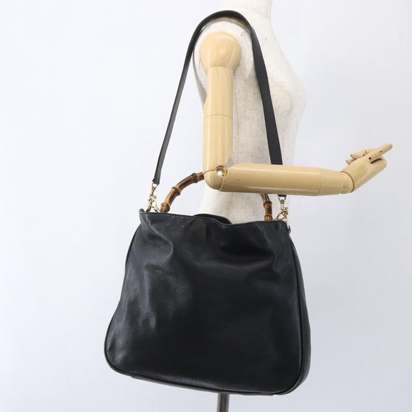 GUCCI Bamboo Shoulder Bag Leather 2way Black Gold 001 1577 Auth 167922