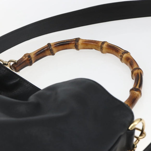 GUCCI Bamboo Shoulder Bag Leather 2way Black Gold 001 1577 Auth 167922