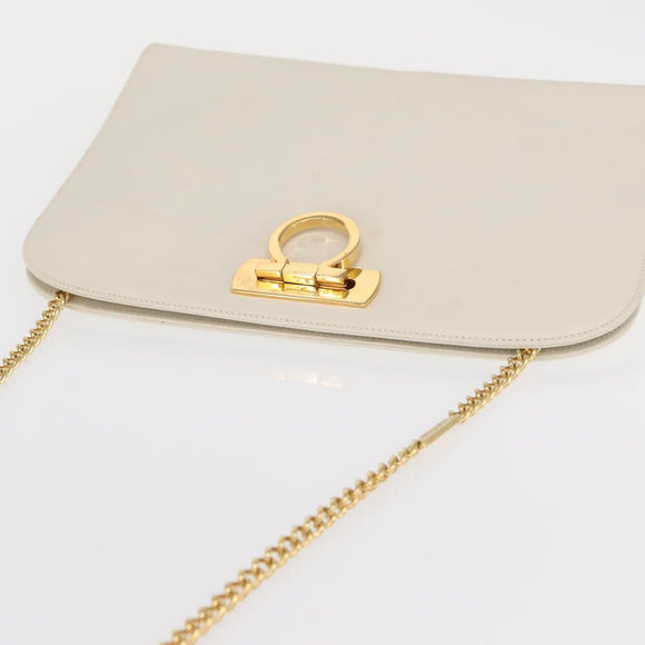 Salvatore Ferragamo Gancini Chain Shoulder Bag Leather White Gold Auth 167924