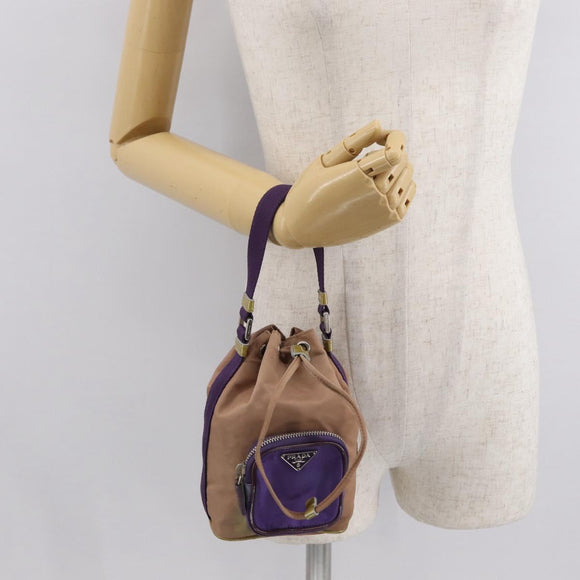 PRADA Hand Pouch Nylon Beige Silver Auth 167929