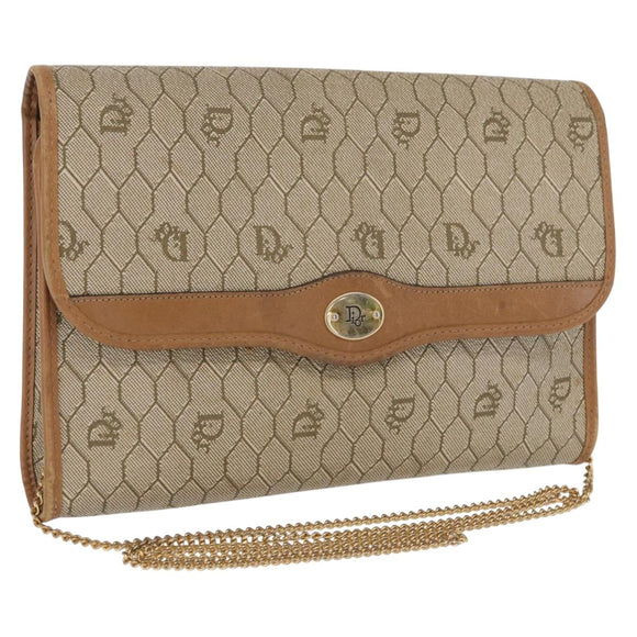 Christian Dior Honeycomb Canvas Chain Shoulder Bag PVC Beige Gold Auth 167930