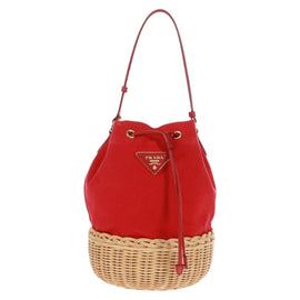 PRADA Shoulder Bag Straw Canvas Beige Red Auth 167958V - 0