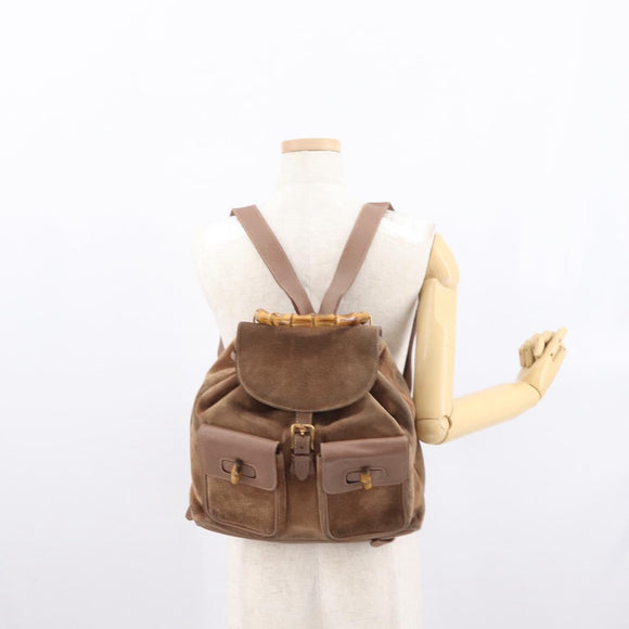 GUCCI Bamboo Backpack Suede Brown Gold 003 2058 0016 Auth 167968