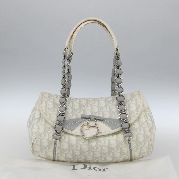 Christian Dior Trotter Canvas Romantic Chain Bag PVC White Silver Auth 167994