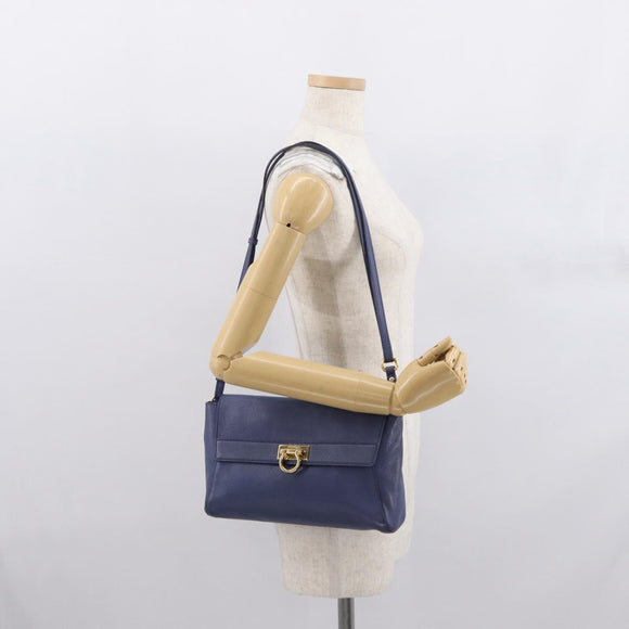 Salvatore Ferragamo Gancini Shoulder Bag Leather Navy Gold Auth 167996