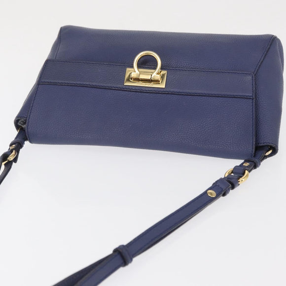 Salvatore Ferragamo Gancini Shoulder Bag Leather Navy Gold Auth 167996