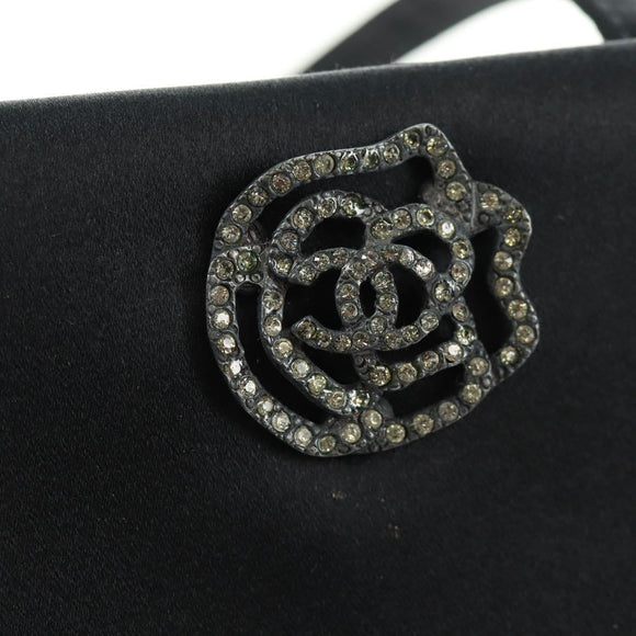 CHANEL Camellia Hand Hand Bag Satin Black CC Auth 168015V