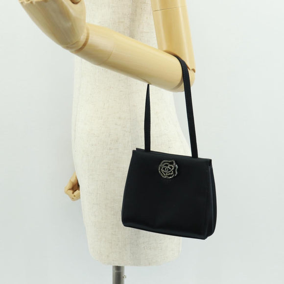 CHANEL Camellia Hand Hand Bag Satin Black CC Auth 168015V