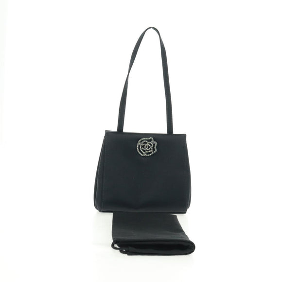 CHANEL Camellia Hand Hand Bag Satin Black CC Auth 168015V