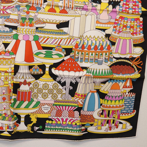 HERMES Carre 90 Scarf ""La Patisserie Francaise"" Silk Black Auth 168044SAM