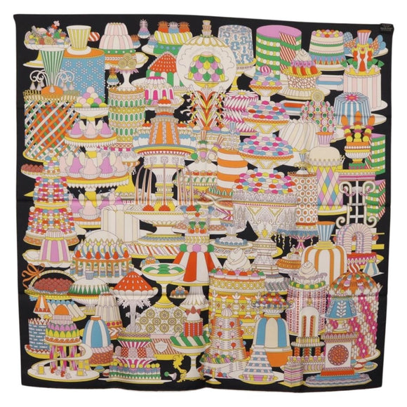 HERMES Carre 90 Scarf ""La Patisserie Francaise"" Silk Black Auth 168044SAM