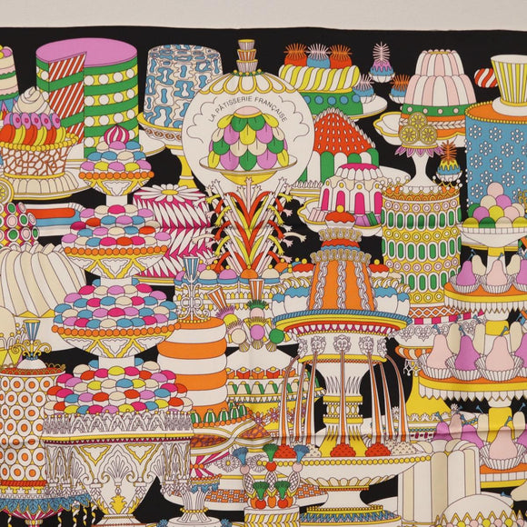 HERMES Carre 90 Scarf ""La Patisserie Francaise"" Silk Black Auth 168044SAM