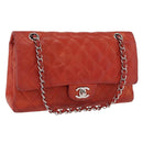 CHANEL Matelasse 25 Double Flap Chain Bag Lamb Skin Red Silver CC Auth 168059-1