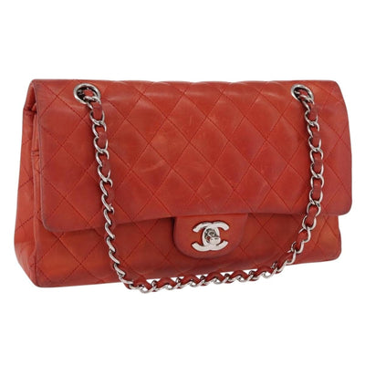 CHANEL Matelasse 25 Double Flap Chain Bag Lamb Skin Red Silver CC Auth 168059