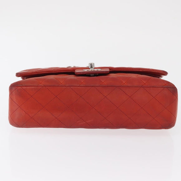 CHANEL Matelasse 25 Double Flap Chain Bag Lamb Skin Red Silver CC Auth 168059