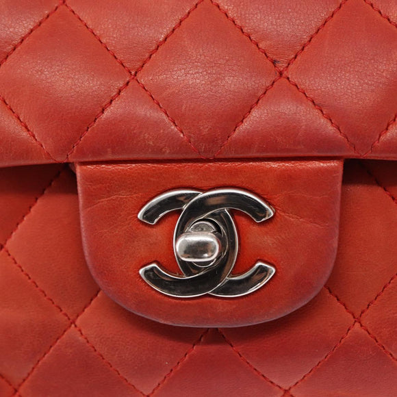 CHANEL Matelasse 25 Double Flap Chain Bag Lamb Skin Red Silver CC Auth 168059