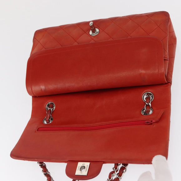 CHANEL Matelasse 25 Double Flap Chain Bag Lamb Skin Red Silver CC Auth 168059
