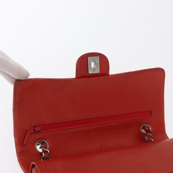 CHANEL Matelasse 25 Double Flap Chain Bag Lamb Skin Red Silver CC Auth 168059