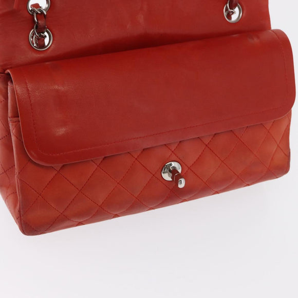 CHANEL Matelasse 25 Double Flap Chain Bag Lamb Skin Red Silver CC Auth 168059