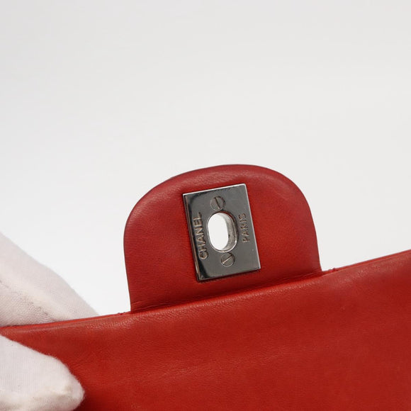 CHANEL Matelasse 25 Double Flap Chain Bag Lamb Skin Red Silver CC Auth 168059