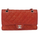 CHANEL Matelasse 25 Double Flap Chain Bag Lamb Skin Red Silver CC Auth 168059-13