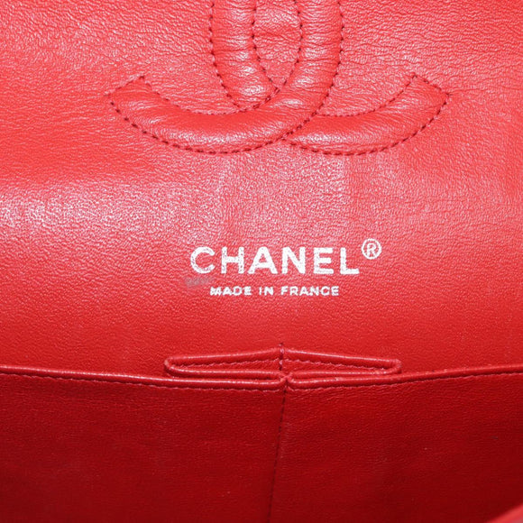 CHANEL Matelasse 25 Double Flap Chain Bag Lamb Skin Red Silver CC Auth 168059