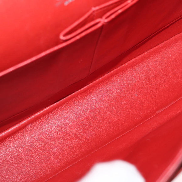 CHANEL Matelasse 25 Double Flap Chain Bag Lamb Skin Red Silver CC Auth 168059