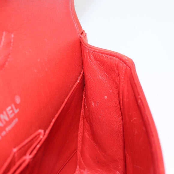 CHANEL Matelasse 25 Double Flap Chain Bag Lamb Skin Red Silver CC Auth 168059