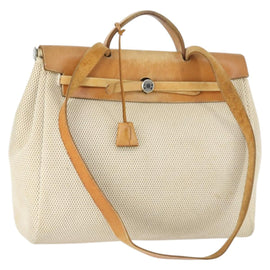 HERMES Her Bag MM Hand Bag Canvas 2way Beige Silver Auth 168072