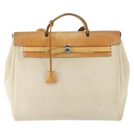 HERMES Her Bag MM Hand Bag Canvas 2way Beige Silver Auth 168072 - 0