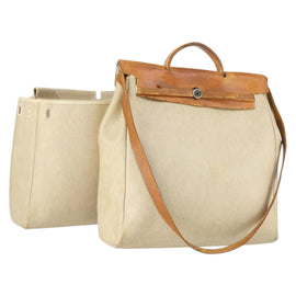 HERMES Her Bag MM Hand Bag Canvas Beige Silver Auth 168073