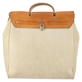 HERMES Her Bag MM Hand Bag Canvas Beige Silver Auth 168073 - 0