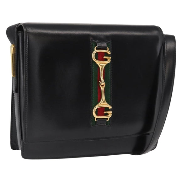 GUCCI Web Sherry Line Horsebit Shoulder Bag Leather Black Gold Auth 168125