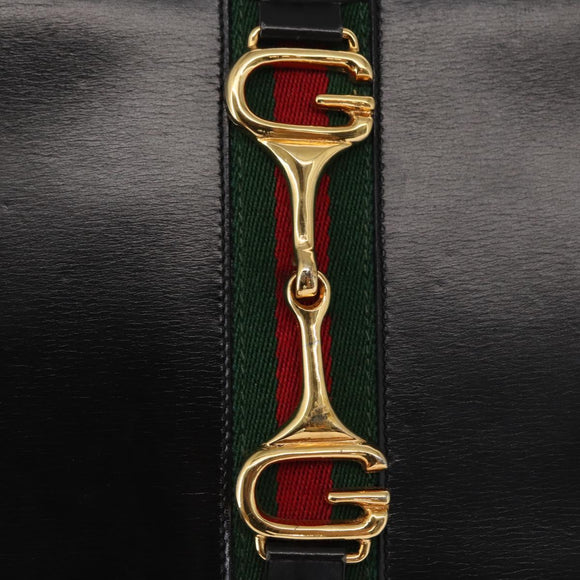 GUCCI Web Sherry Line Horsebit Shoulder Bag Leather Black Gold Auth 168125