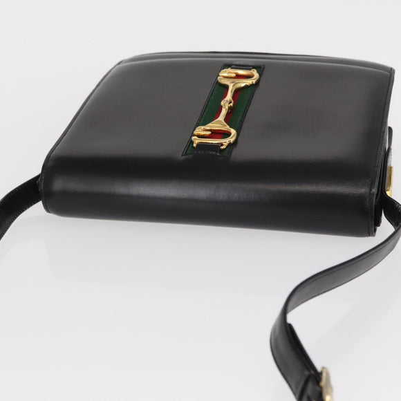 GUCCI Web Sherry Line Horsebit Shoulder Bag Leather Black Gold Auth 168125