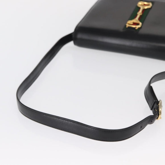 GUCCI Web Sherry Line Horsebit Shoulder Bag Leather Black Gold Auth 168125
