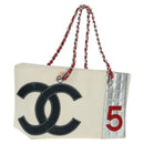 CHANEL Chain Choco Bar Line Shoulder Bag No5 Canvas White Silver CC Auth 168140V-1
